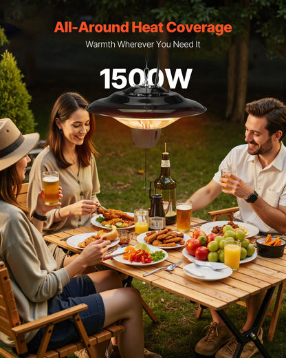 Hanging Patio Heater, 1500W Electric Space Infrared Heater, IP34 Protection with 23.6 inch Pull Cord & Adjustable Chain, for Porch,Patio,Dining Room,Studio Outdoor/Indoor