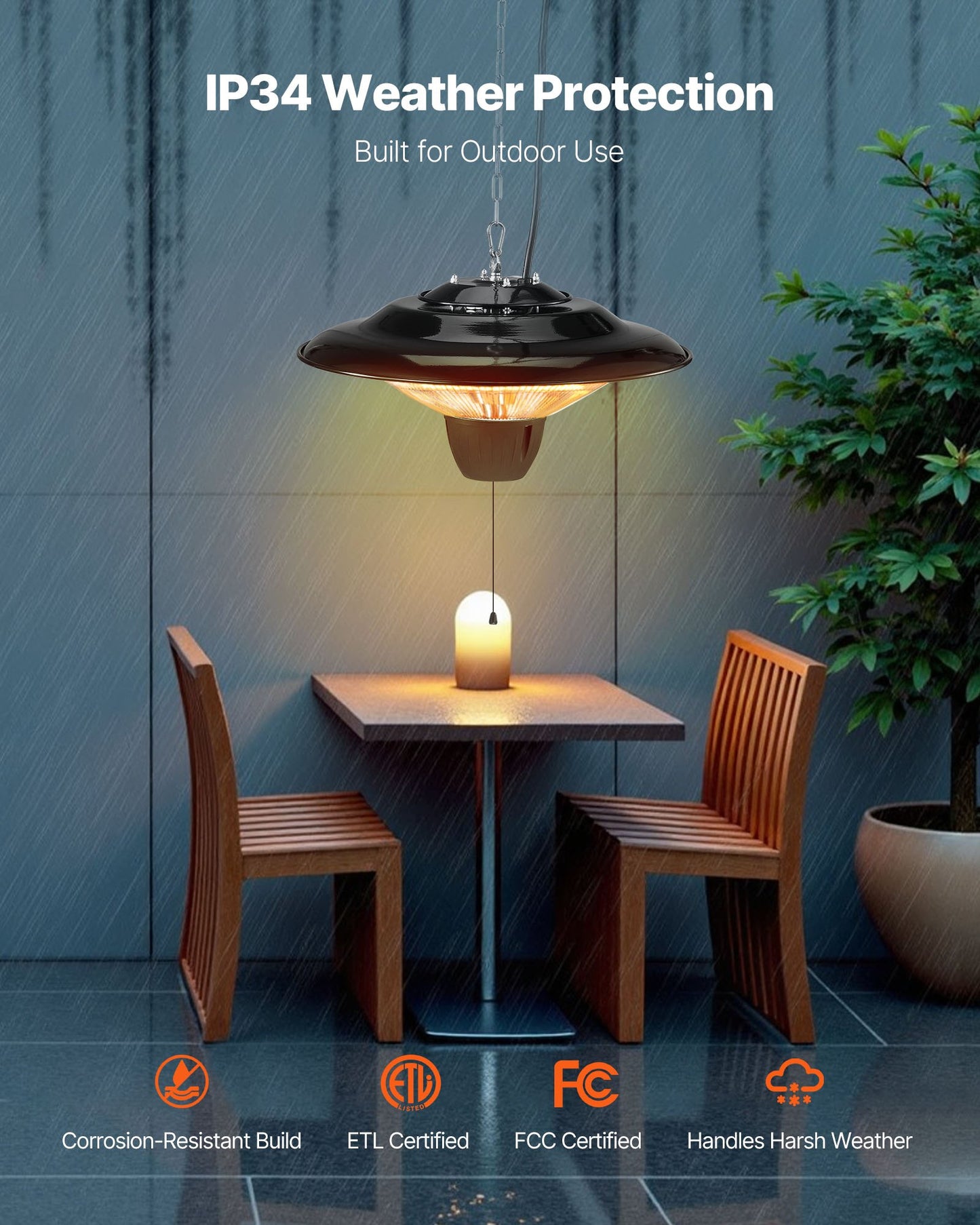 Hanging Patio Heater, 1500W Electric Space Infrared Heater, IP34 Protection with 23.6 inch Pull Cord & Adjustable Chain, for Porch,Patio,Dining Room,Studio Outdoor/Indoor