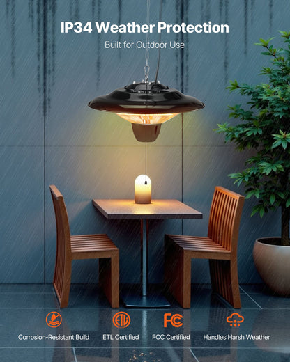 Hanging Patio Heater, 1500W Electric Space Infrared Heater, IP34 Protection with 23.6 inch Pull Cord & Adjustable Chain, for Porch,Patio,Dining Room,Studio Outdoor/Indoor