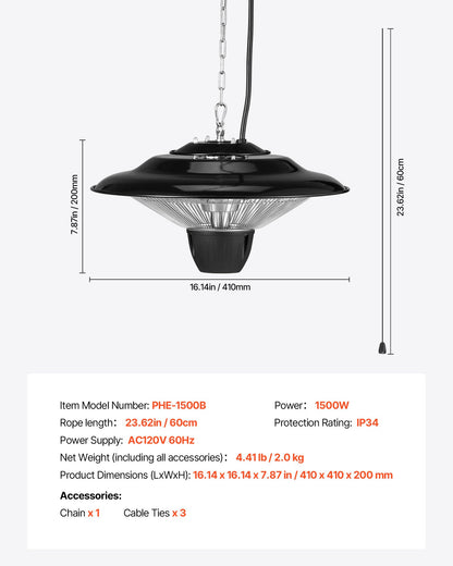 Hanging Patio Heater, 1500W Electric Space Infrared Heater, IP34 Protection with 23.6 inch Pull Cord & Adjustable Chain, for Porch,Patio,Dining Room,Studio Outdoor/Indoor