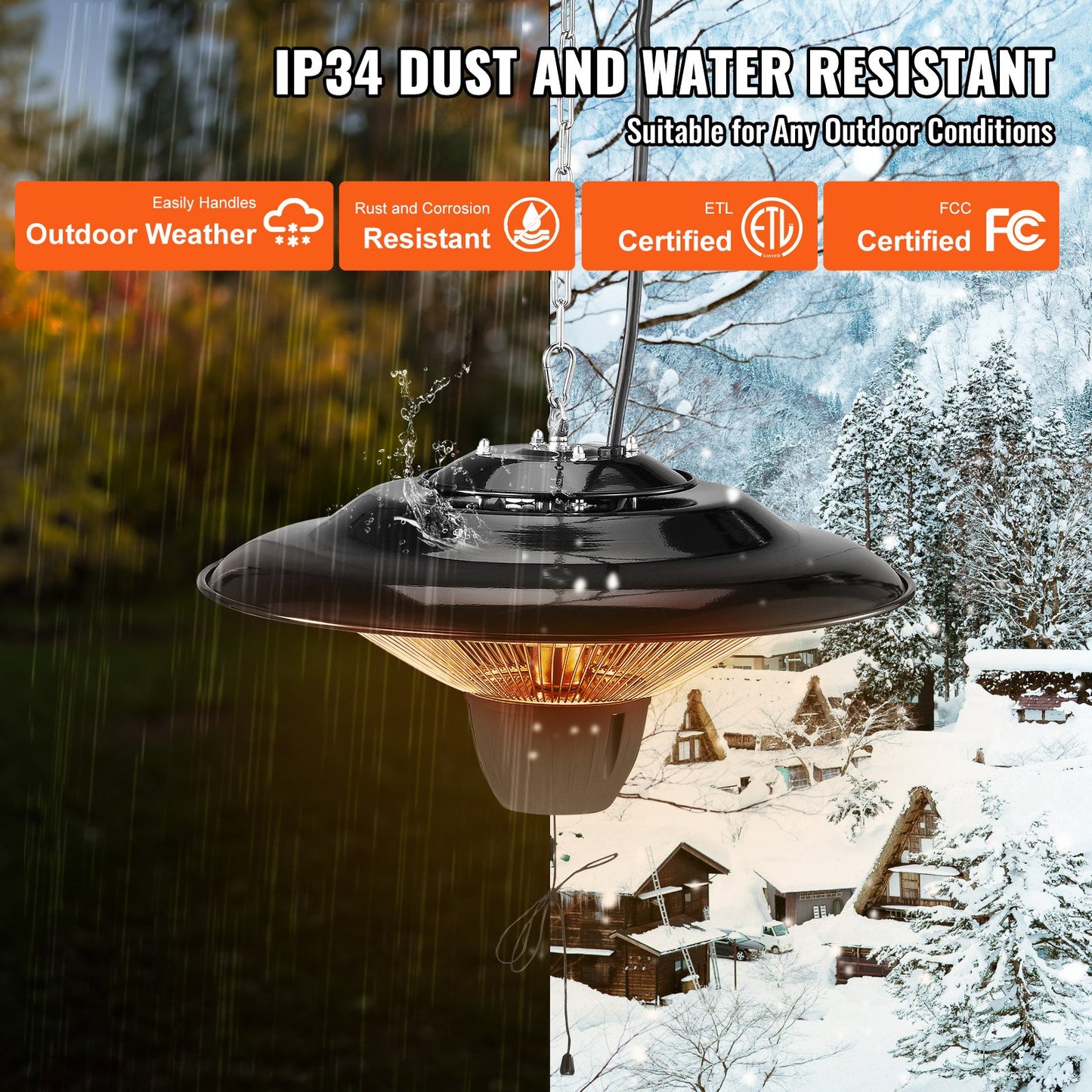 Hanging Patio Heater, 1500W Outdoor/Indoor Electric Space Infrared Heater, IP34 Protection Ceiling Heater with 23.6 inch Pull Cord & 20 inch Adjustable Chain, for Porch,Patio,Dining Room,Studio