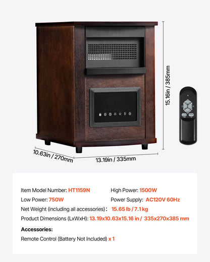 Infrared Heater, 1500W Electric Space Heater with Remote Control, LED Screen & 24H Timer, Multiple Temperature Adjustable for Patio Bedroom,Living Room,Studio,Dining Room