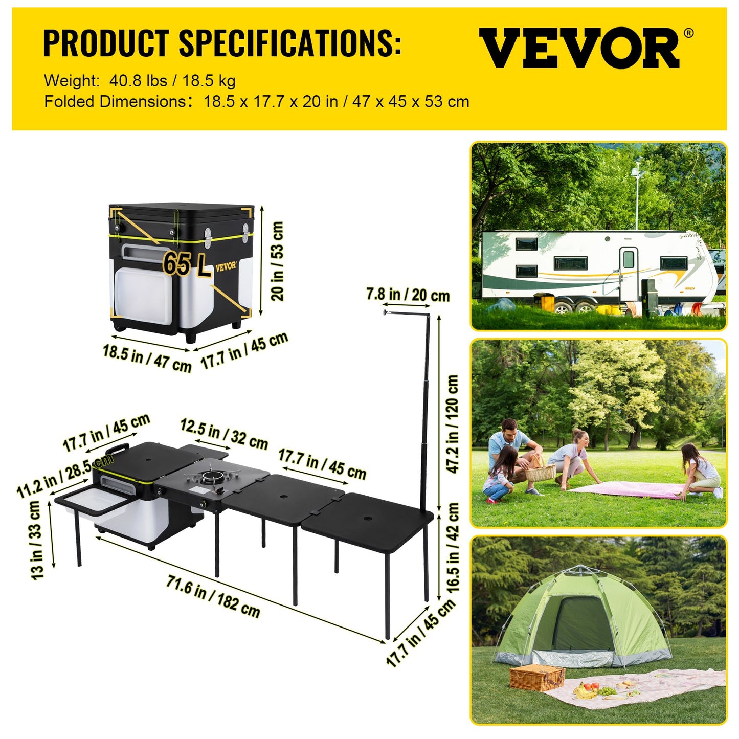 Outdoor Mobile Kitchen, Portable Multifunctional Camp Box with Wheels All in One Integrated Cooking Station with Windproof Stove, Folding Tables Storage Organizer, Black