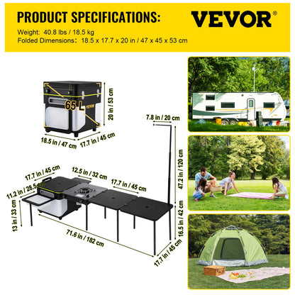 Outdoor Mobile Kitchen, Portable Multifunctional Camp Box with Wheels All in One Integrated Cooking Station with Windproof Stove, Folding Tables Storage Organizer, Black