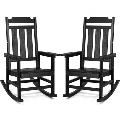2 Pcs Porch Rocker, HIPS Outdoor Rocking Chair, High Back Patio Rocking Chair with Smooth Armrests, Supports up to 400 lbs, for Garden, Balcony, Porch, Black