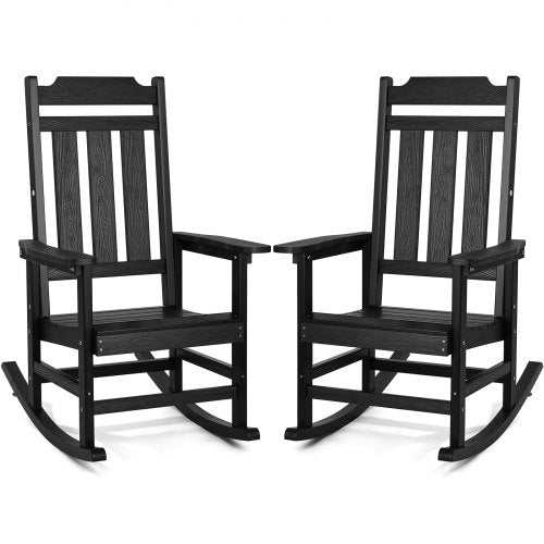 2 Pcs Porch Rocker, HIPS Outdoor Rocking Chair, High Back Patio Rocking Chair with Smooth Armrests, Supports up to 400 lbs, for Garden, Balcony, Porch, Black