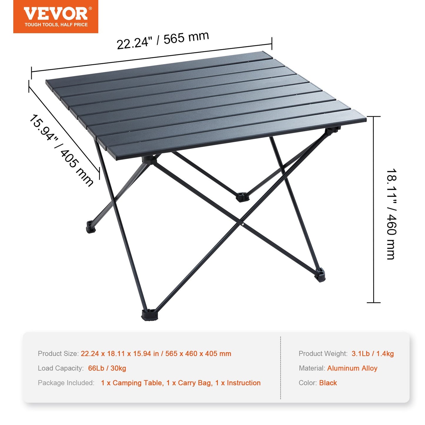 Folding Camping Table, Outdoor Portable Side Table, Lightweight Folding Table, Aluminum Alloy Ultra Compact Work Table with Carrying Bag, for Cooking, Beach, Picnic, Travel, 22.2x15.9 inches, Black