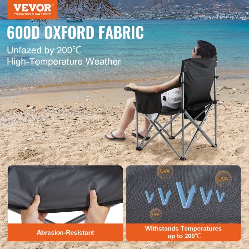 Camping Folding Chair for Adults, Portable Heavy Duty Outdoor Quad Cushioned Armchairs with Side Pockets, Cup Holder and Cooler Bag for Beach, Lawn, Picnic, Fishing, Backpacking, Black | EU