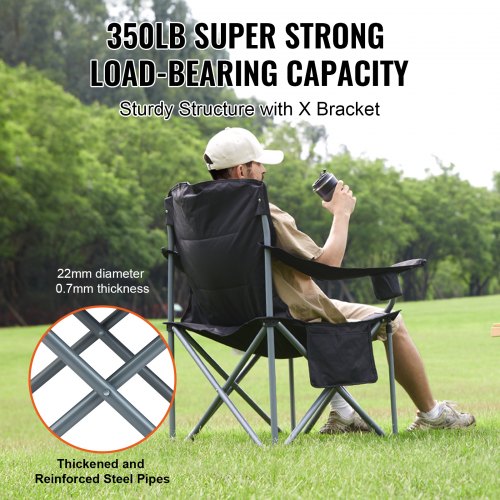 Camping Folding Chair for Adults, Portable Heavy Duty Outdoor Quad Cushioned Armchairs with Side Pockets, Cup Holder and Cooler Bag for Beach, Lawn, Picnic, Fishing, Backpacking, Black | EU