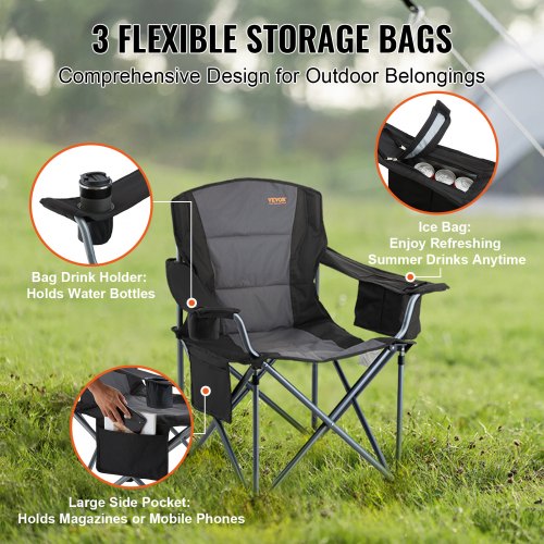 Camping Folding Chair for Adults, Portable Heavy Duty Outdoor Quad Cushioned Armchairs with Side Pockets, Cup Holder and Cooler Bag for Beach, Lawn, Picnic, Fishing, Backpacking, Black | EU