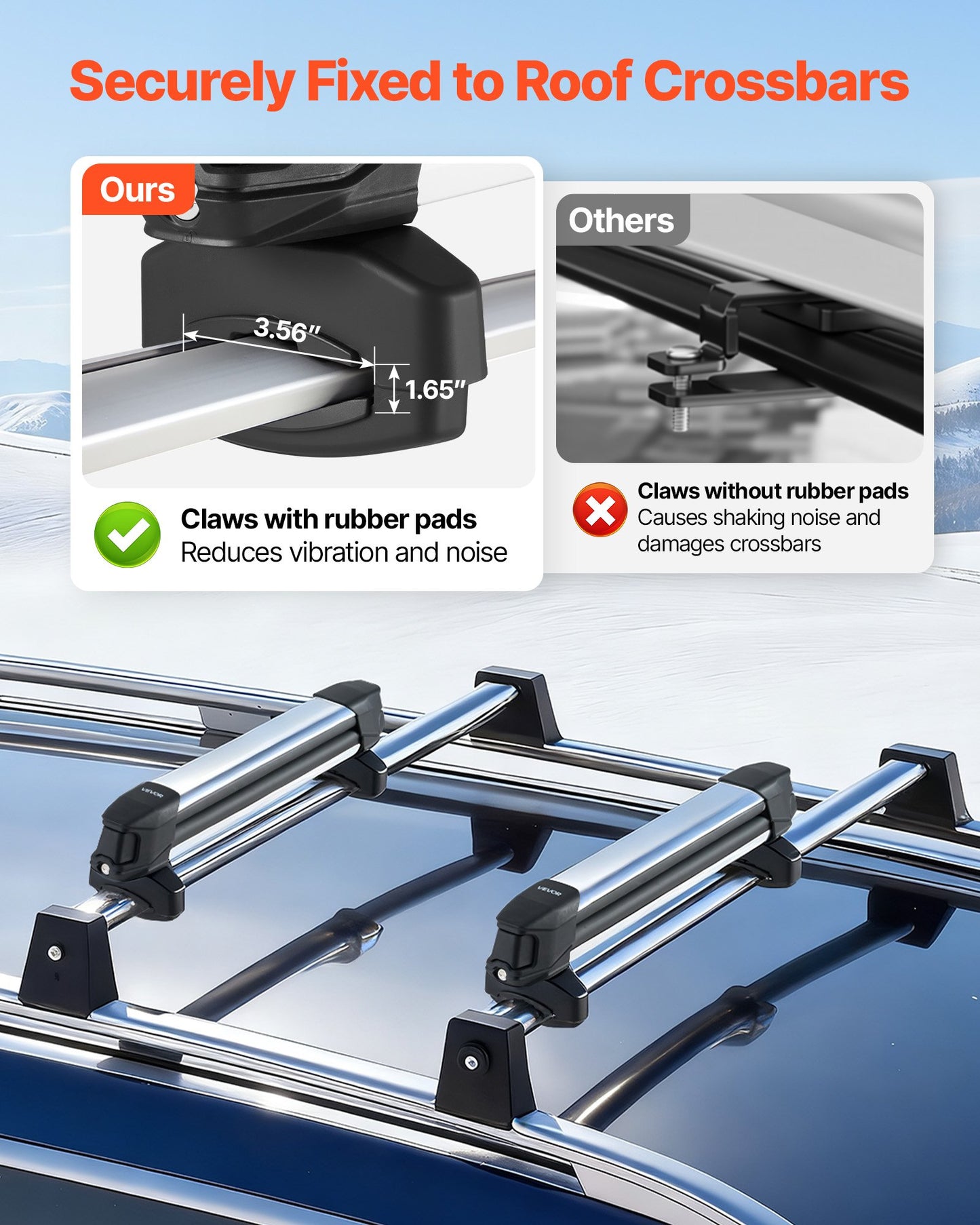 Ski & Snowboard Roof Rack, Carry up to 4 Pairs of Skis or 2 Snowboards, 2 PCS Aluminum Universal Car Roof Rack Top Holder with Lock & Rubber Padding, Carrier for Fishing Rod, Fit Most Crossbars