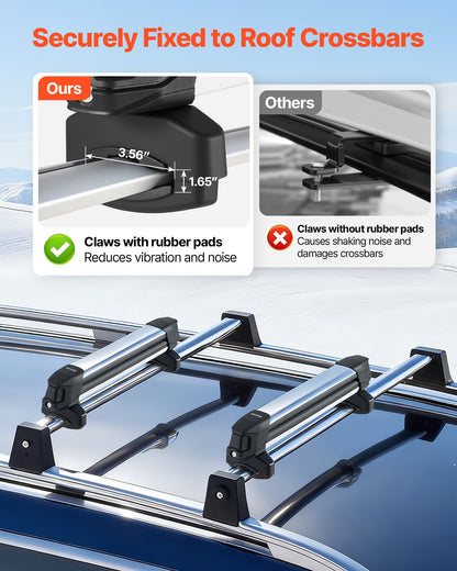 Ski & Snowboard Roof Rack, Carry up to 4 Pairs of Skis or 2 Snowboards, 2 PCS Aluminum Universal Car Roof Rack Top Holder with Lock & Rubber Padding, Carrier for Fishing Rod, Fit Most Crossbars