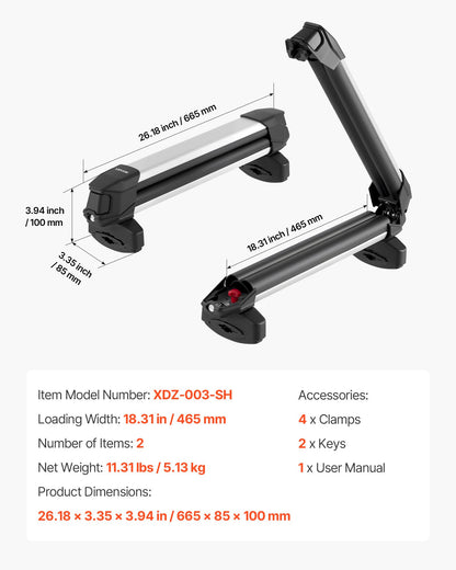 Ski & Snowboard Roof Rack, Carry up to 4 Pairs of Skis or 2 Snowboards, 2 PCS Aluminum Universal Car Roof Rack Top Holder with Lock & Rubber Padding, Carrier for Fishing Rod, Fit Most Crossbars