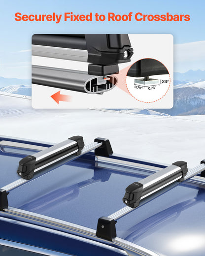 Ski & Snowboard Roof Rack, Carry up to 4 Pairs of Skis or 2 Snowboards, 2 PCS Aluminum Universal Car Roof Rack with Lock & Rubber Padding, Carrier for Fishing Rod, Fit Most Slotted Crossbars