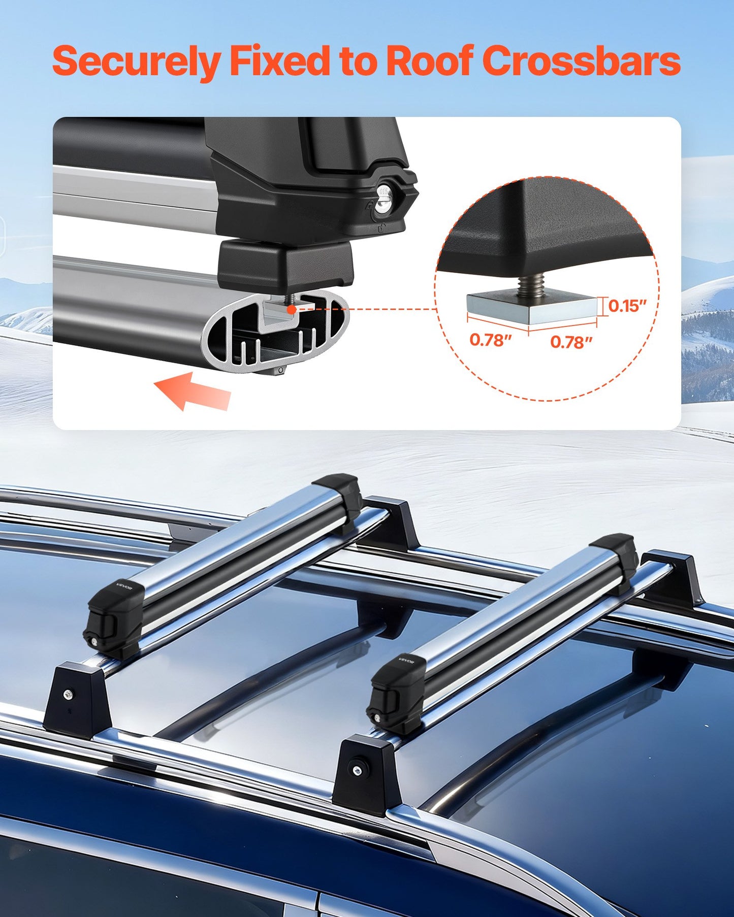 Ski & Snowboard Roof Rack, Carry up to 6 Pairs of Skis or 4 Snowboards, 2 PCS Aluminum Universal Car Roof Rack with Lock & Rubber Padding, Carrier for Fishing Rod, Fit Most Slotted Crossbars