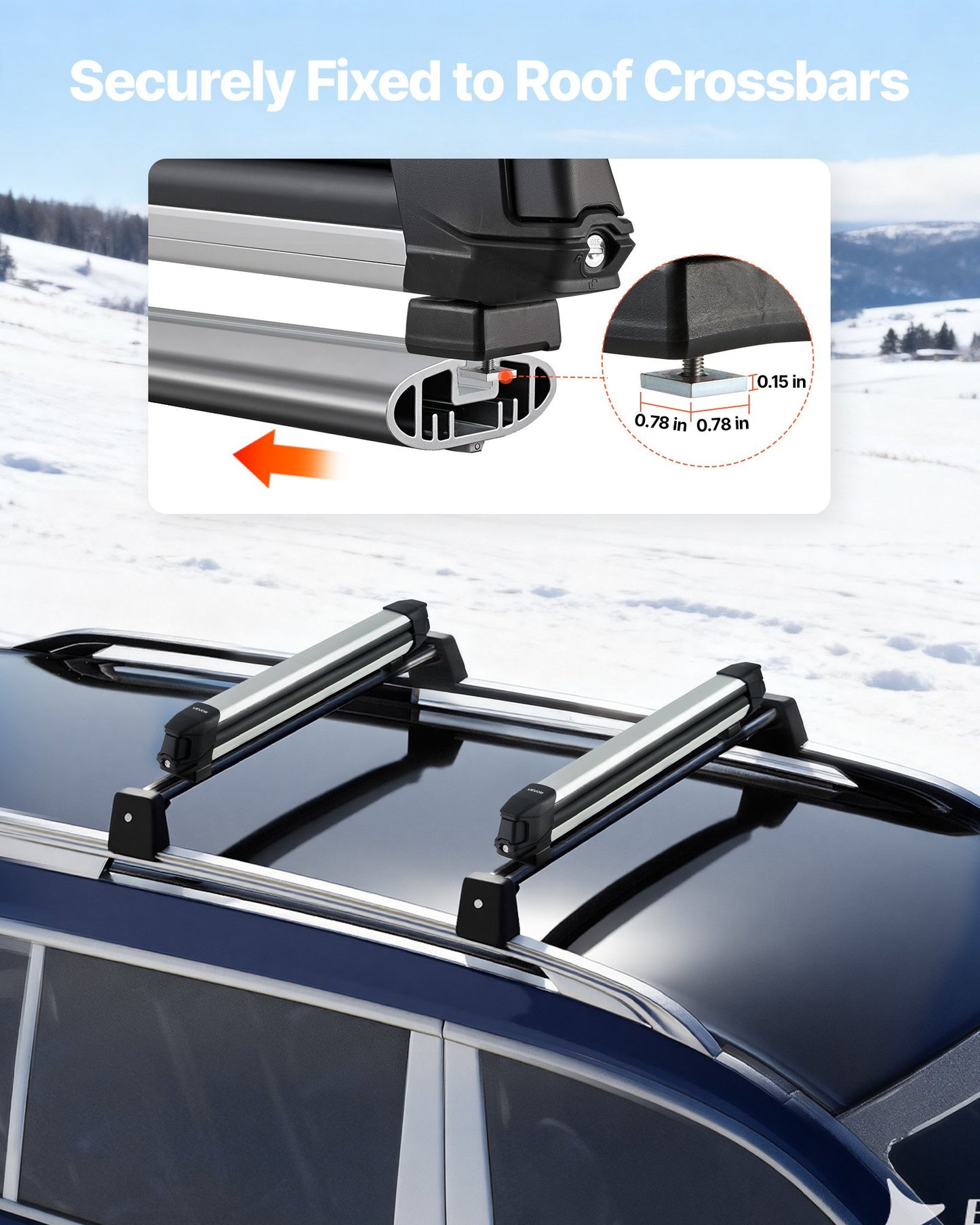 Ski & Snowboard Roof Rack, Carry up to 6 Pairs of Skis or 4 Snowboards, 2 PCS Aluminum Universal Car Roof Rack Top Holder with Lock & Rubber Padding for Fishing Rod, Fit Most Slotted Crossbars