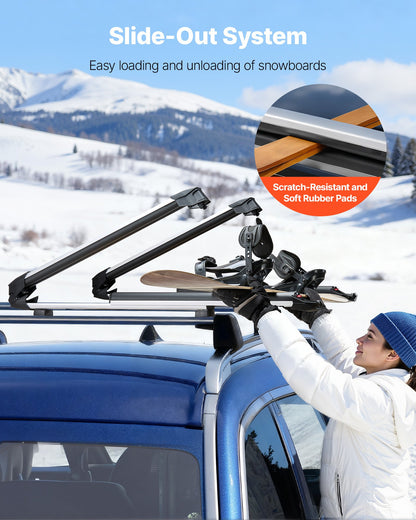 Ski & Snowboard Roof Rack, Carry up to 6 Pairs of Skis or 4 Snowboards, 2 PCS Aluminum Universal Car Roof Rack Top Holder with Lock & Rubber Padding for Fishing Rod, Fit Most Slotted Crossbars
