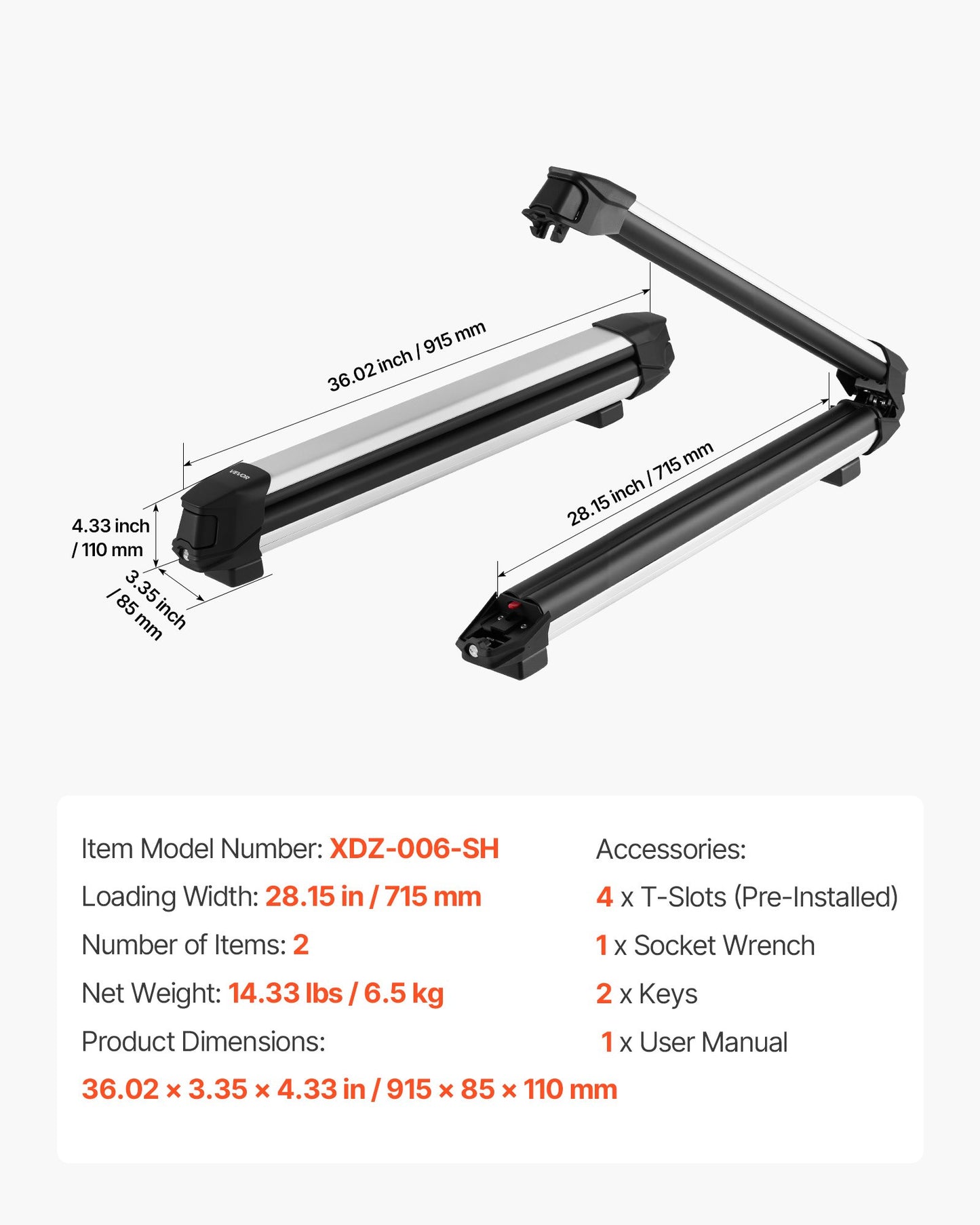 Ski & Snowboard Roof Rack, Carry up to 6 Pairs of Skis or 4 Snowboards, 2 PCS Aluminum Universal Car Roof Rack Top Holder with Lock & Rubber Padding for Fishing Rod, Fit Most Slotted Crossbars