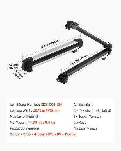Ski & Snowboard Roof Rack, Carry up to 6 Pairs of Skis or 4 Snowboards, 2 PCS Aluminum Universal Car Roof Rack Top Holder with Lock & Rubber Padding for Fishing Rod, Fit Most Slotted Crossbars