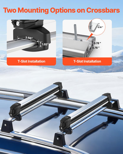 Ski & Snowboard Roof Rack, Carry up to 6 Pairs of Skis or 4 Snowboards, 2 PCS Aluminum Universal Car Roof Rack Top Holder with Lock and Rubber Padding for Fishing Pole Rod, Fit Most Crossbars