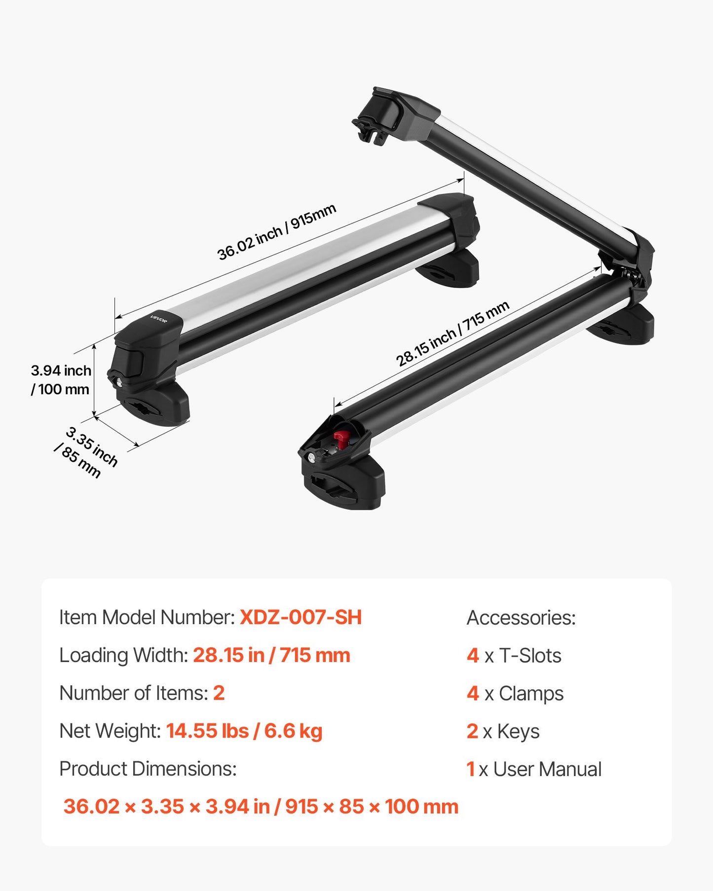 Ski & Snowboard Roof Rack, Carry up to 6 Pairs of Skis or 4 Snowboards, 2 PCS Aluminum Universal Car Roof Rack Top Holder with Lock and Rubber Padding for Fishing Pole Rod, Fit Most Crossbars