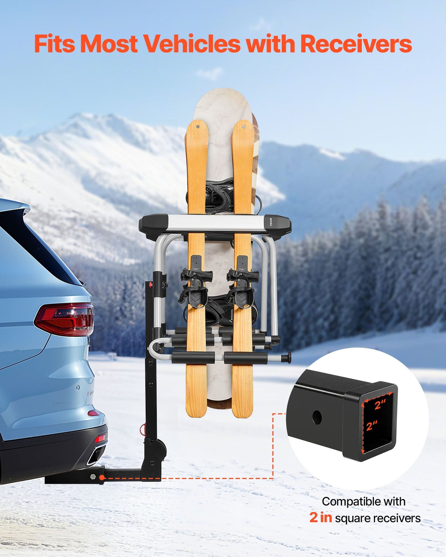 Hitch Mounted Ski & Snowboard Rack, Fits 2-Inch Receiver, Carries up to 6 Pairs of Skis or 4 Snowboards, Hitch-Mounted Rack for Car with Key Lock, Security Strap, Tilt Access, Rubber Padding