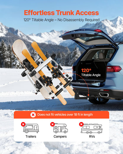 Hitch Mounted Ski & Snowboard Rack, Fits 2-Inch Receiver, Carries up to 6 Pairs of Skis or 4 Snowboards, Hitch-Mounted Rack for Car with Key Lock, Security Strap, Tilt Access, Rubber Padding