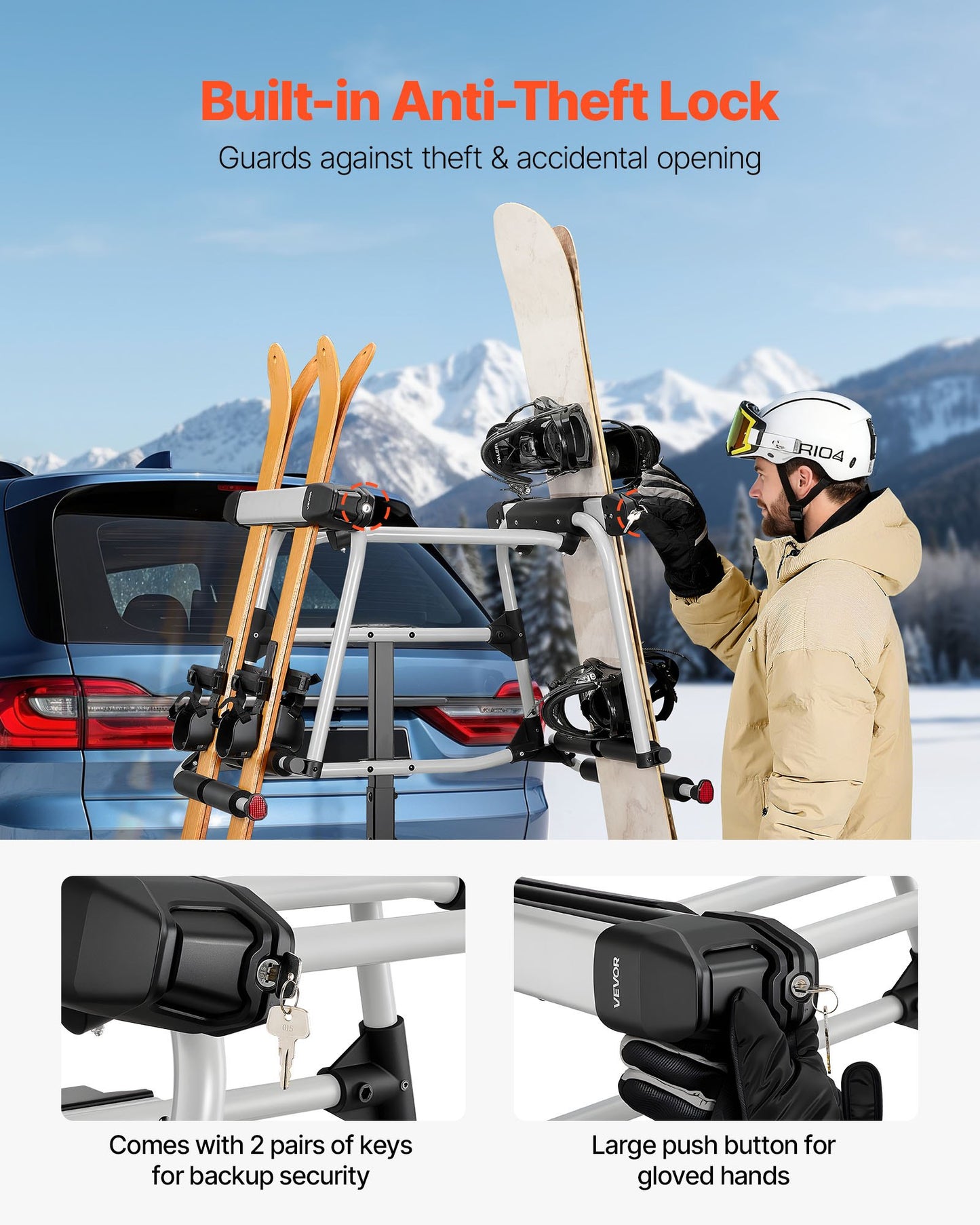 Hitch Mounted Ski & Snowboard Rack, Fits 2-Inch Receiver, Carries up to 6 Pairs of Skis or 4 Snowboards, Hitch-Mounted Rack for Car with Key Lock, Security Strap, Tilt Access, Rubber Padding