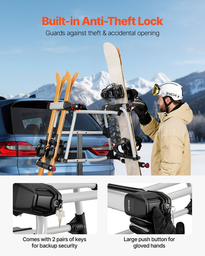 Hitch Mounted Ski & Snowboard Rack, Fits 2-Inch Receiver, Carries up to 6 Pairs of Skis or 4 Snowboards, Hitch-Mounted Rack for Car with Key Lock, Security Strap, Tilt Access, Rubber Padding