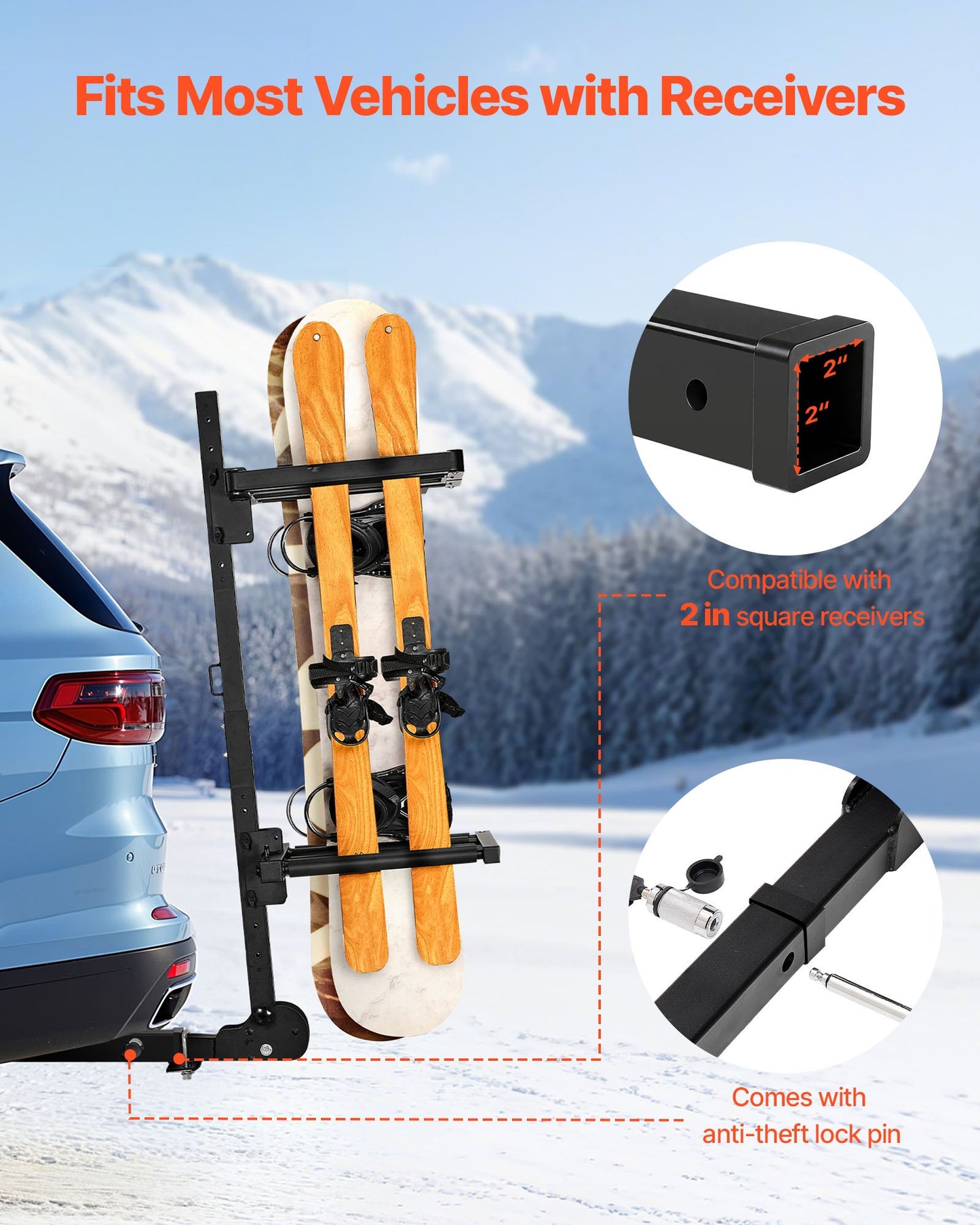 Folding Hitch Mounted Ski & Snowboard Rack, Fits 2-Inch Receiver, Carries up to 6 Pairs of Skis or 4 Snowboards, Adjustable Hitch-Mounted Rack for Car with Key Lock, Security Strap, Tilt Access