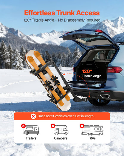 Folding Hitch Mounted Ski & Snowboard Rack, Fits 2-Inch Receiver, Carries up to 6 Pairs of Skis or 4 Snowboards, Adjustable Hitch-Mounted Rack for Car with Key Lock, Security Strap, Tilt Access