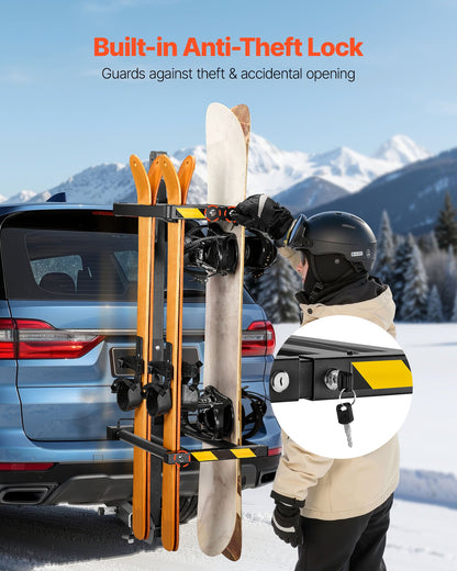 Folding Hitch Mounted Ski & Snowboard Rack, Fits 2-Inch Receiver, Carries up to 6 Pairs of Skis or 4 Snowboards, Adjustable Hitch-Mounted Rack for Car with Key Lock, Security Strap, Tilt Access