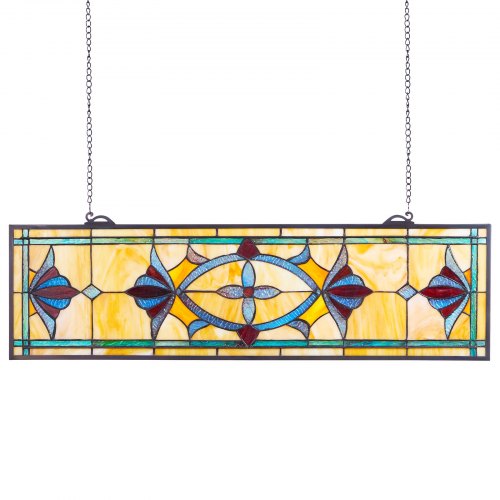 Stained Glass Window Panel, 32 x 10 in, Tiffany Style Hanging Transom Window Panel with Chain, Large Horizontal Rectangle Stain Glass, Vintage Traditional Art Handcrafts for Kitchen Home Decor