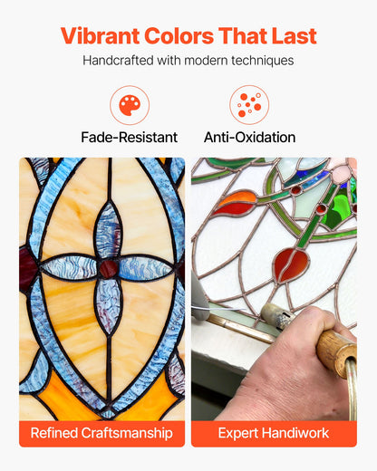 Stained Glass Window Panel, 32 x 10 in, Tiffany Style Hanging Transom Window Panel with Chain, Large Horizontal Rectangle Stain Glass, Vintage Traditional Art Handcrafts for Kitchen Home Decor