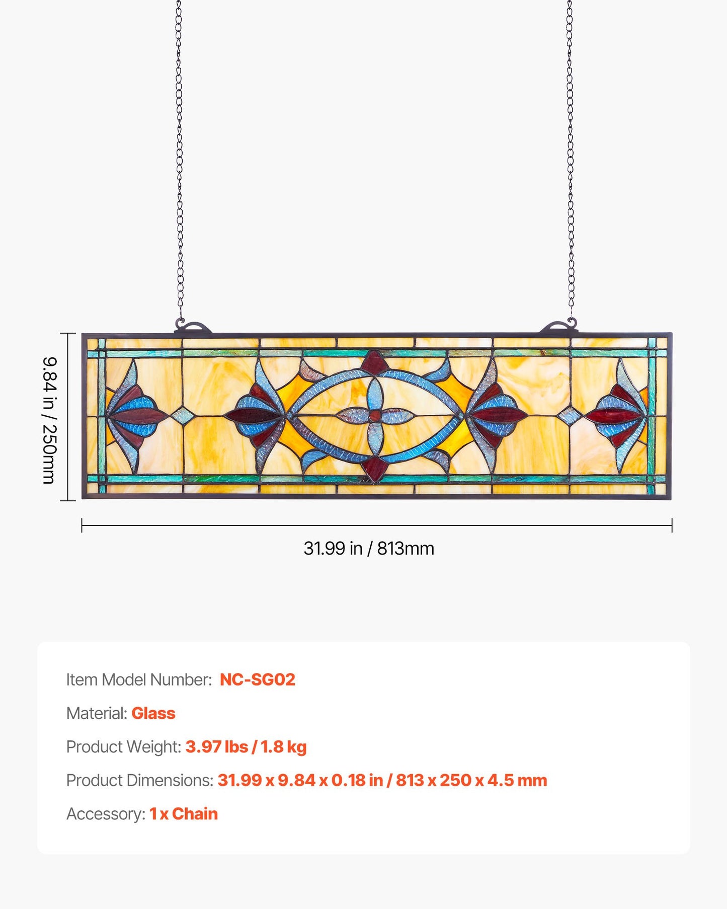 Stained Glass Window Panel, 32 x 10 in, Tiffany Style Hanging Transom Window Panel with Chain, Large Horizontal Rectangle Stain Glass, Vintage Traditional Art Handcrafts for Kitchen Home Decor
