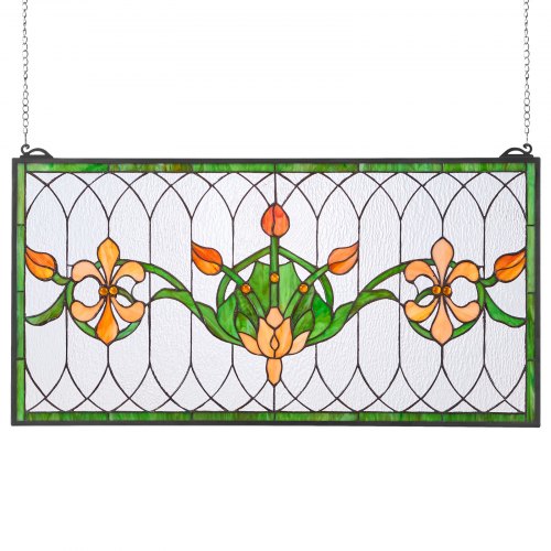 Stained Glass Window Panel, 32 x 17 in, Tiffany Style Hanging Transom Window Panel with Chain, Large Horizontal Rectangle Stain Glass, Vintage Traditional Art Handcrafts for Kitchen Home Decor
