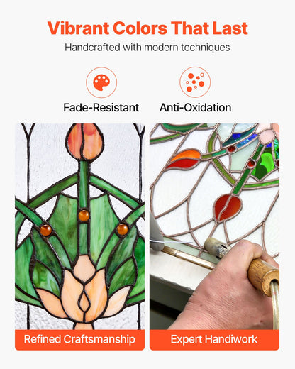 Stained Glass Window Panel, 32 x 17 in, Tiffany Style Hanging Transom Window Panel with Chain, Large Horizontal Rectangle Stain Glass, Vintage Traditional Art Handcrafts for Kitchen Home Decor