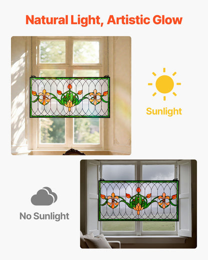 Stained Glass Window Panel, 32 x 17 in, Tiffany Style Hanging Transom Window Panel with Chain, Large Horizontal Rectangle Stain Glass, Vintage Traditional Art Handcrafts for Kitchen Home Decor