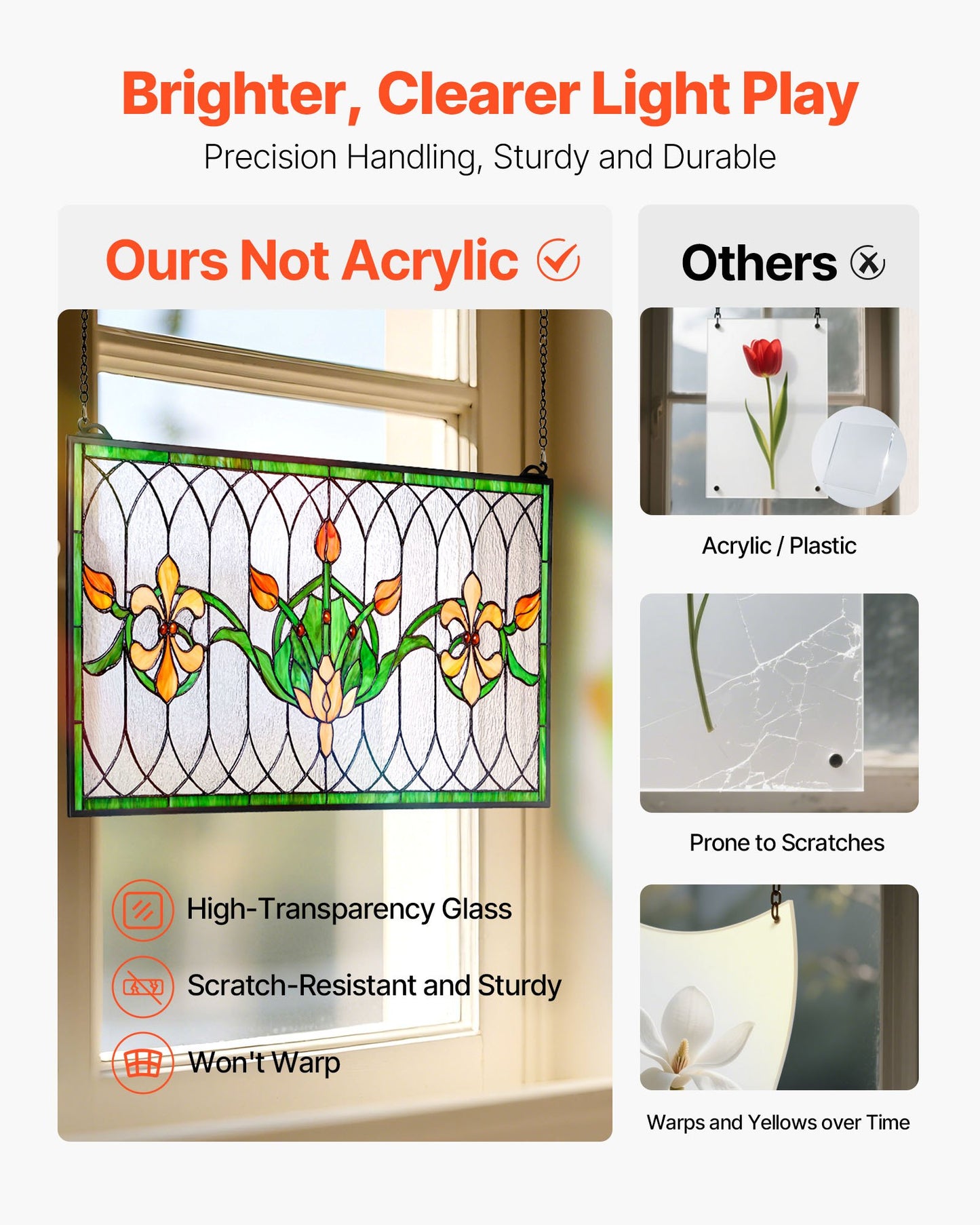 Stained Glass Window Panel, 32 x 17 in, Tiffany Style Hanging Transom Window Panel with Chain, Large Horizontal Rectangle Stain Glass, Vintage Traditional Art Handcrafts for Kitchen Home Decor