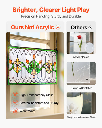 Stained Glass Window Panel, 32 x 17 in, Tiffany Style Hanging Transom Window Panel with Chain, Large Horizontal Rectangle Stain Glass, Vintage Traditional Art Handcrafts for Kitchen Home Decor