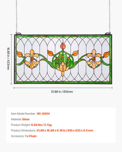 Stained Glass Window Panel, 32 x 17 in, Tiffany Style Hanging Transom Window Panel with Chain, Large Horizontal Rectangle Stain Glass, Vintage Traditional Art Handcrafts for Kitchen Home Decor