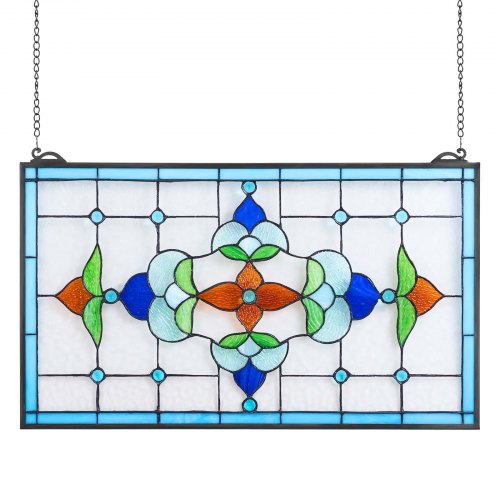 Stained Glass Window Panel, 26 x 16 in, Tiffany Style Hanging Transom Window Panel with Chain, Large Horizontal Rectangle Stain Glass, Vintage Traditional Art Handcrafts for Kitchen Home Decor