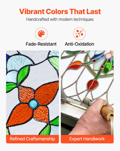 Stained Glass Window Panel, 26 x 16 in, Tiffany Style Hanging Transom Window Panel with Chain, Large Horizontal Rectangle Stain Glass, Vintage Traditional Art Handcrafts for Kitchen Home Decor