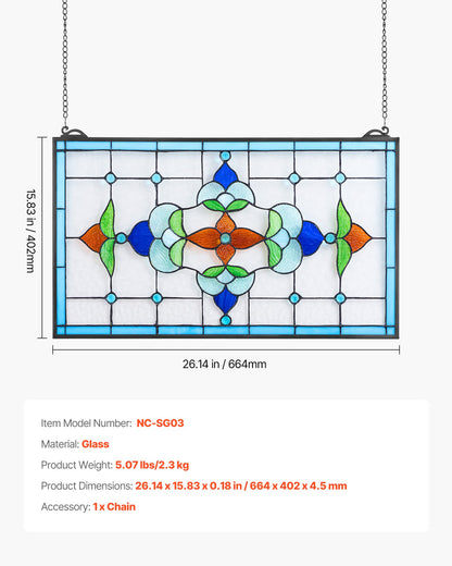 Stained Glass Window Panel, 26 x 16 in, Tiffany Style Hanging Transom Window Panel with Chain, Large Horizontal Rectangle Stain Glass, Vintage Traditional Art Handcrafts for Kitchen Home Decor