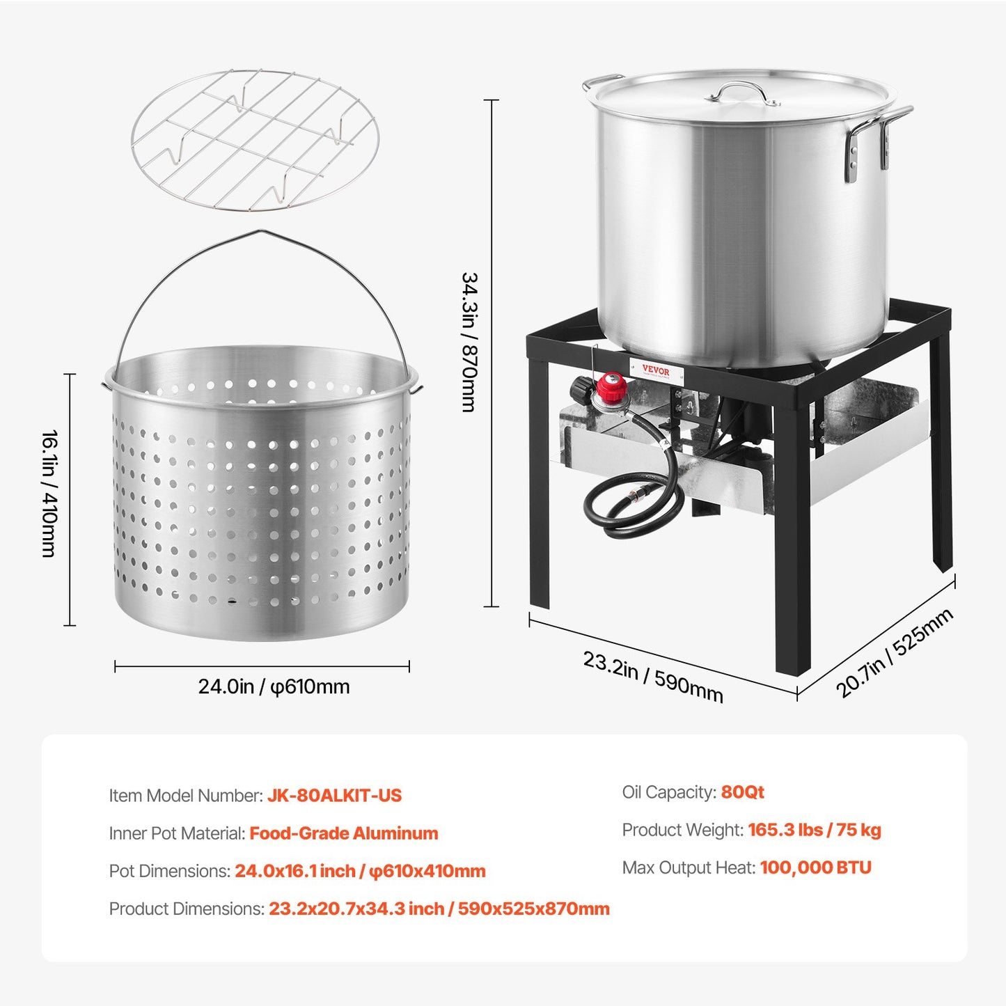 80 Qt Seafood Boiling Kit with Strainer, Outdoor Seafood Boil Pot and Basket, Cooking Set for Crab Crawfish Lobster Boiling, Aluminum Stockpot with 100,000 BTUs Propane Burner and Steamer Rack