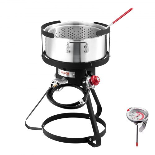 10 Qt Fish and Wing Fryer, Aluminum Propane Fish Fryer Kit, Outdoor Deep Fryer Seafood Pot with Thermometer, Strainer Basket, and 54,000 BTUs Propane Burners, for Outdoor and Backyard Cooking