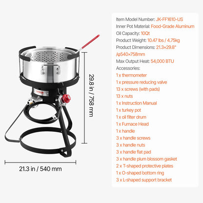 10 Qt Fish and Wing Fryer, Aluminum Propane Fish Fryer Kit, Outdoor Deep Fryer Seafood Pot with Thermometer, Strainer Basket, and 54,000 BTUs Propane Burners, for Outdoor and Backyard Cooking