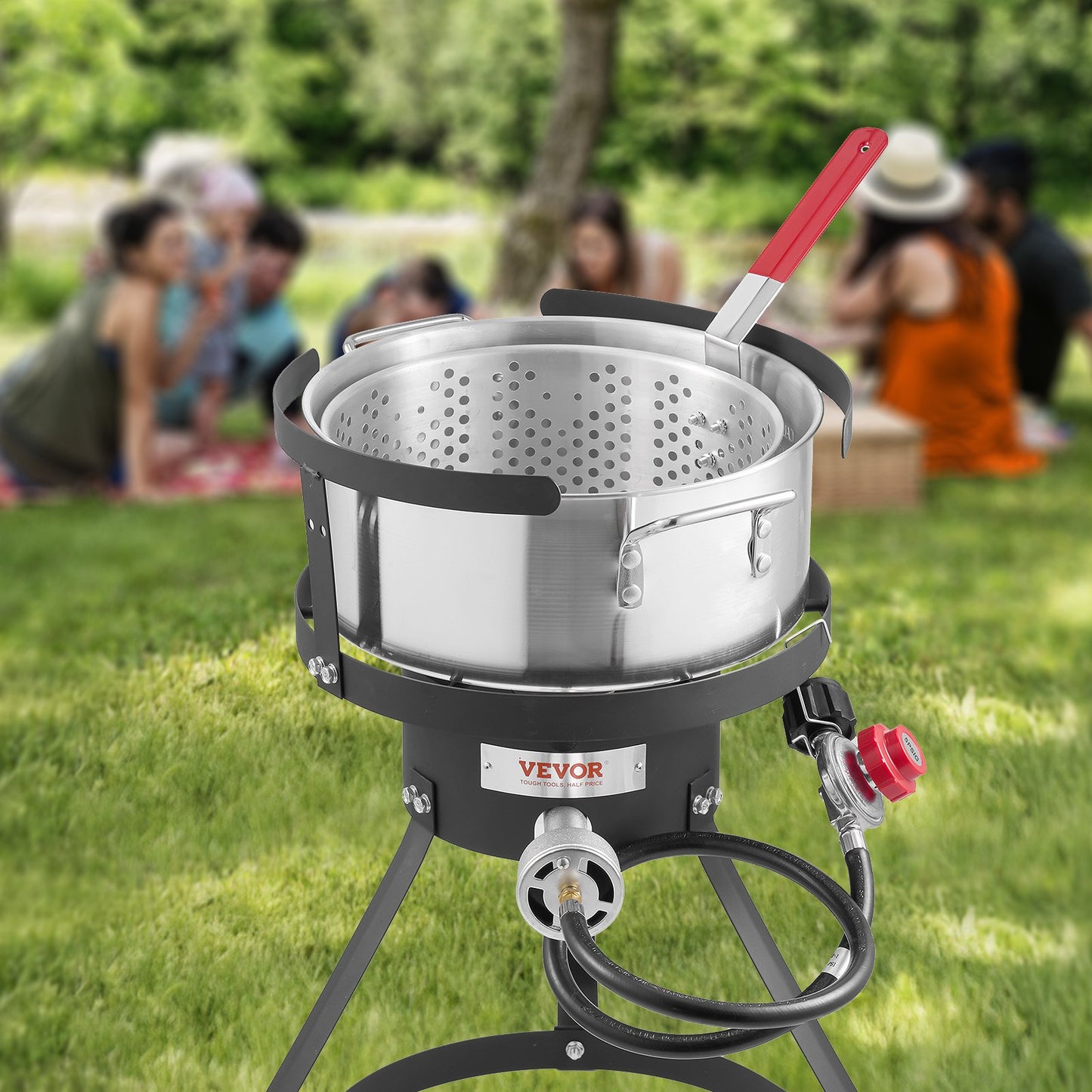 10 Qt Fish and Wing Fryer, Aluminum Propane Fish Fryer Kit, Outdoor Deep Fryer Seafood Pot with Thermometer, Strainer Basket, and 54,000 BTUs Propane Burners, for Outdoor and Backyard Cooking