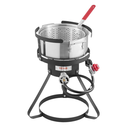 10 Qt Fish and Wing Fryer, Aluminum Propane Fish Fryer Kit, Outdoor Deep Fryer Seafood Pot with Thermometer, Strainer Basket, and 54,000 BTUs Propane Burners, for Outdoor and Backyard Cooking