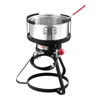 10 Qt Fish and Wing Fryer, Aluminum Propane Fish Fryer Kit, Outdoor Deep Fryer Seafood Pot with Thermometer, Strainer Basket, and 54,000 BTUs Propane Burners, for Outdoor and Backyard Cooking